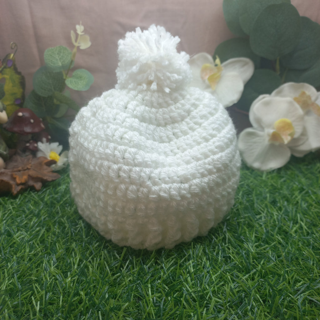 Woodland Fawn Handmade Baby Beanie with Pom Pom – White