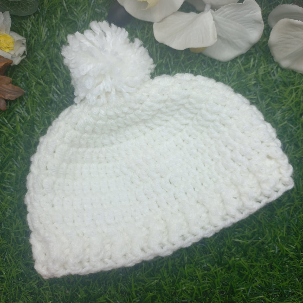Woodland Fawn Handmade Baby Beanie with Pom Pom – White