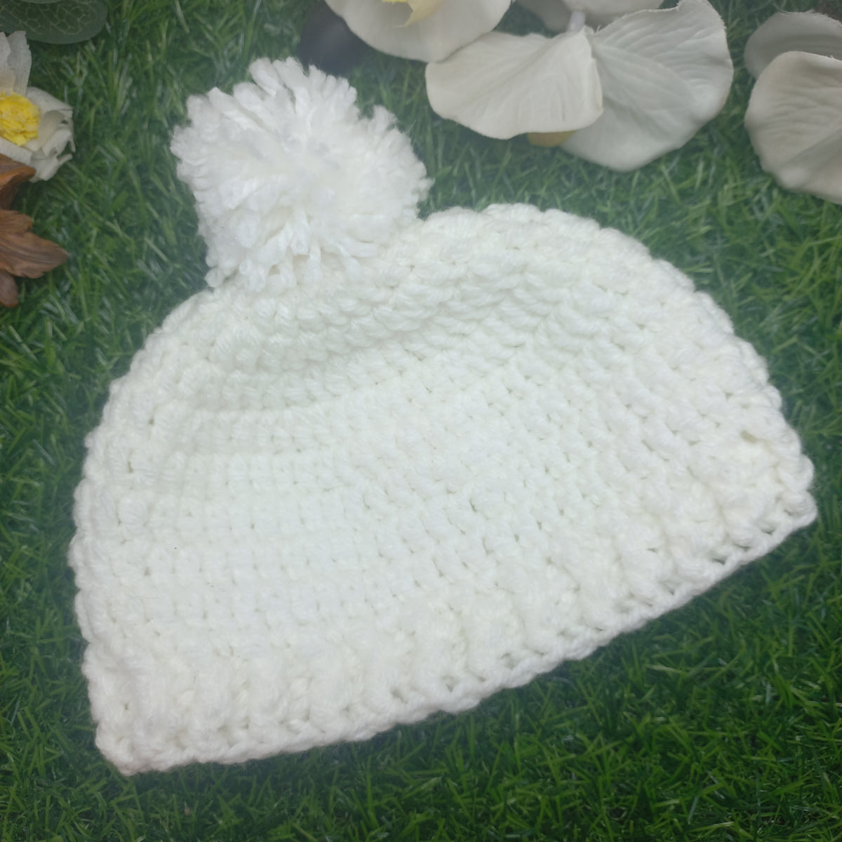 Woodland Fawn Handmade Baby Beanie with Pom Pom – White