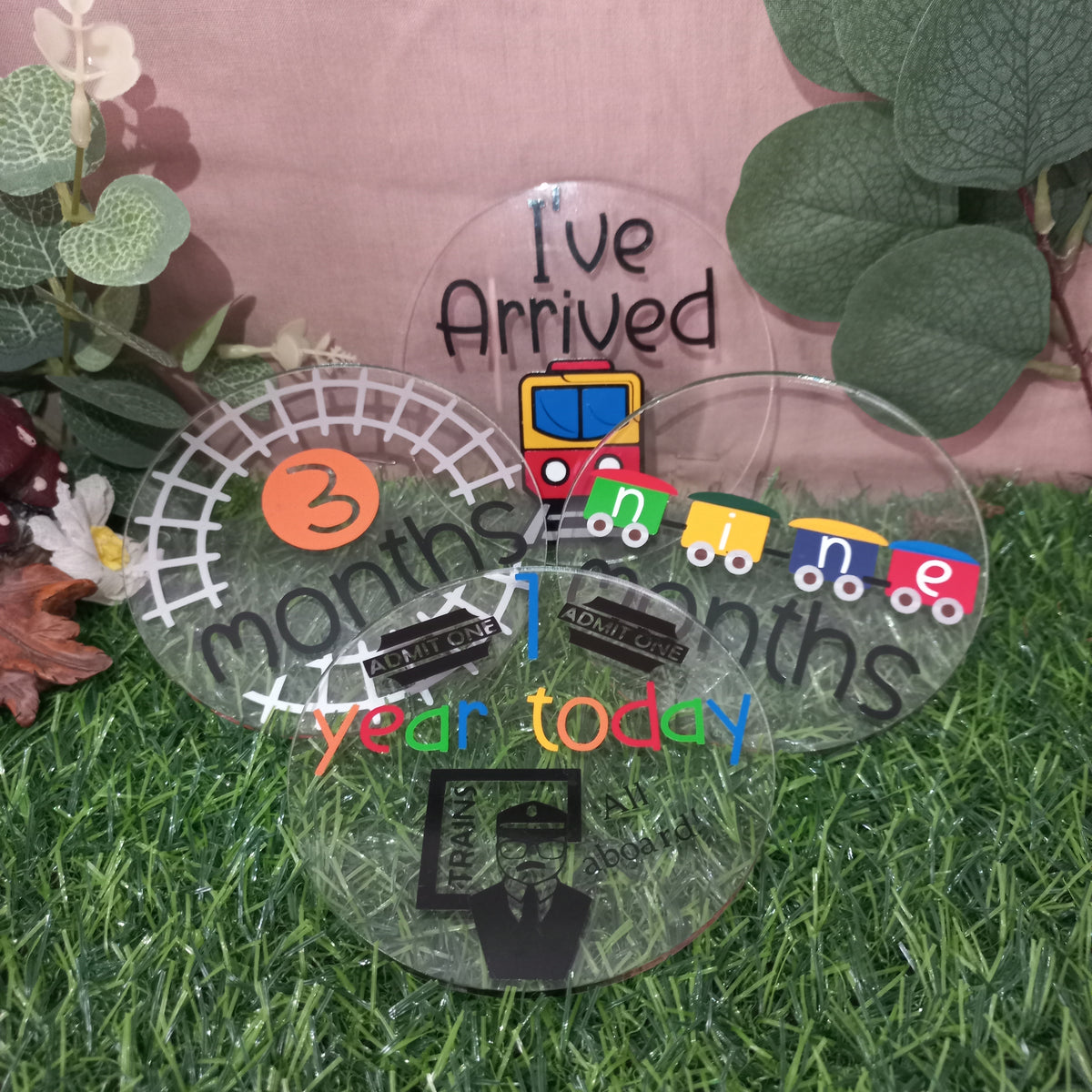 Handmade Acrylic Baby Milestone Discs – Trains