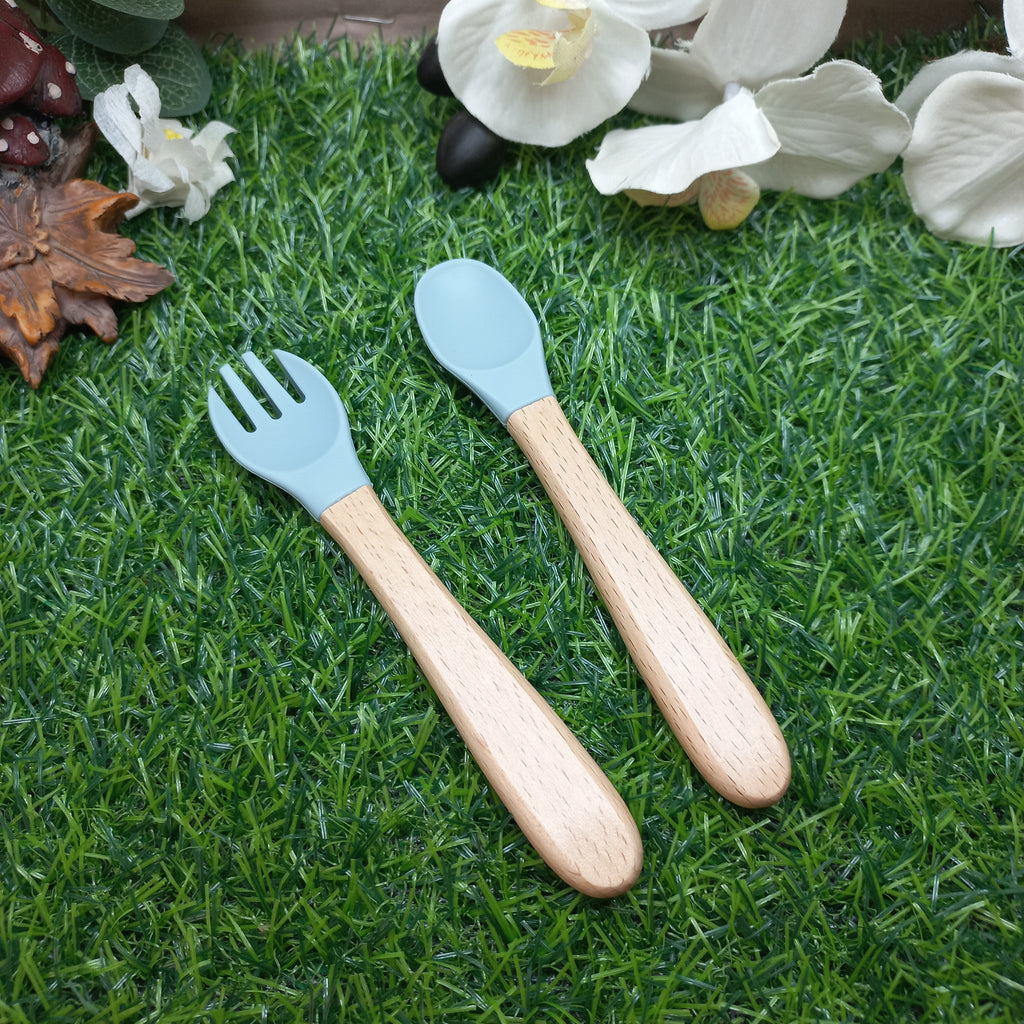 Baby Silicone & Wooden Feeding Spoon and Fork Set – Light Blue