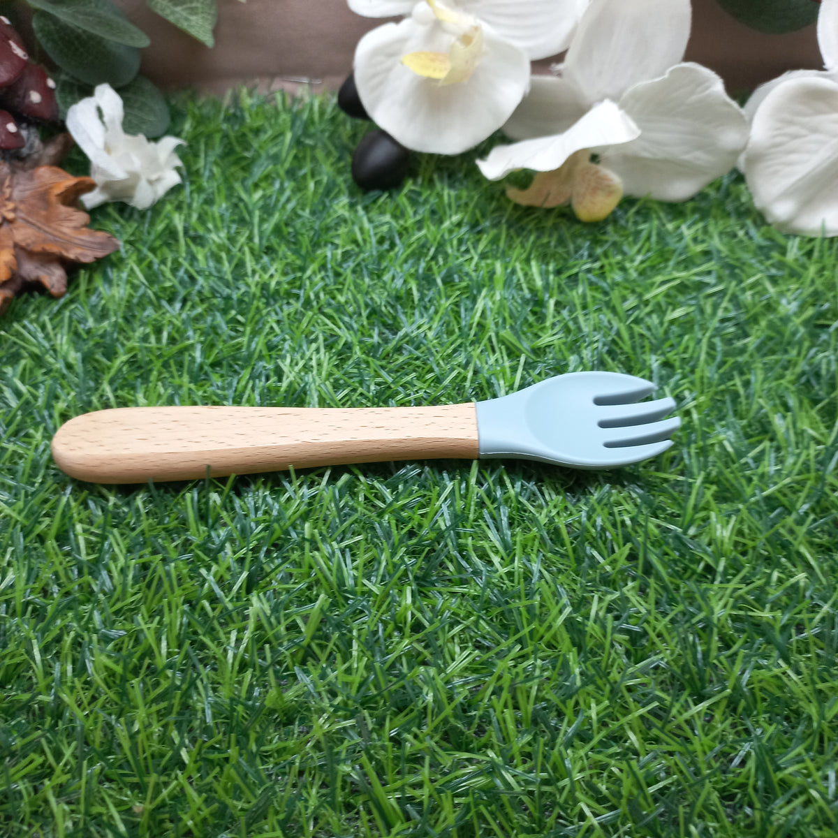 Baby Silicone & Wooden Feeding Spoon and Fork Set – Light Blue