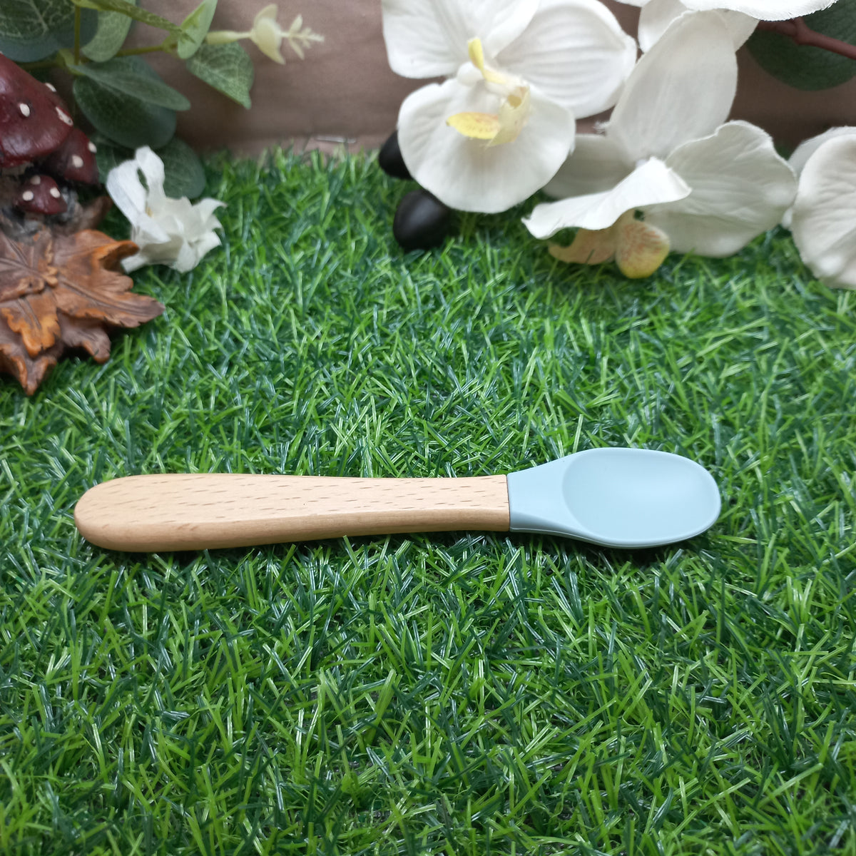 Baby Silicone & Wooden Feeding Spoon and Fork Set – Light Blue