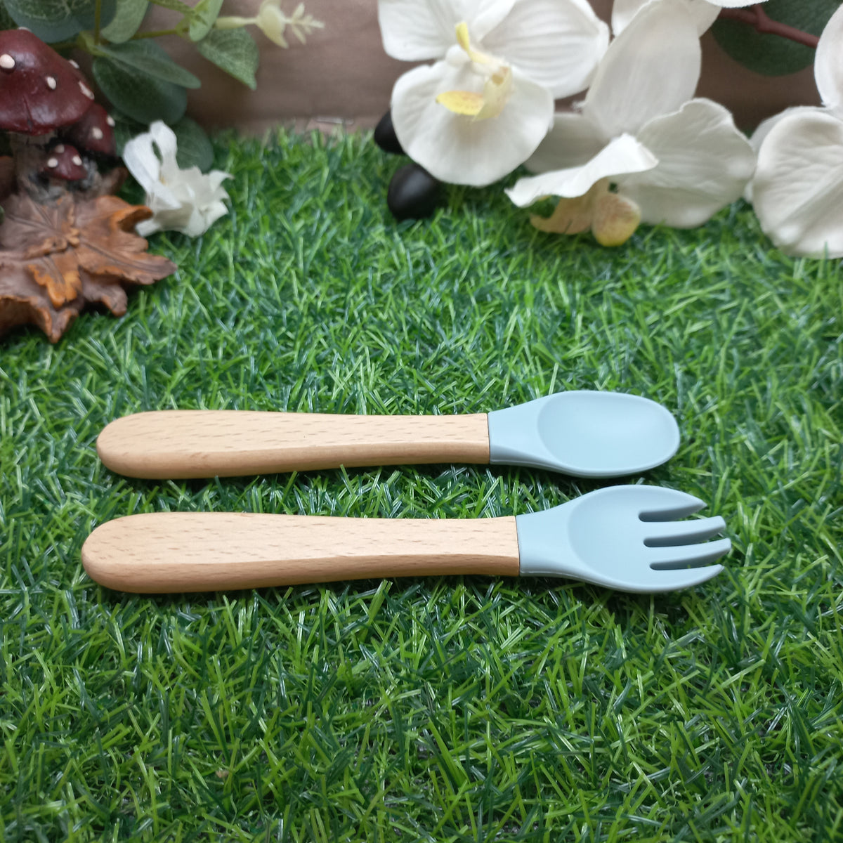 Baby Silicone & Wooden Feeding Spoon and Fork Set – Light Blue