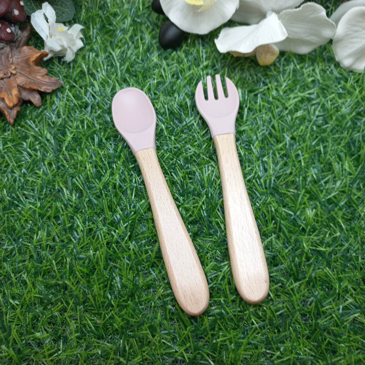 Baby Silicone & Wooden Feeding Spoon and Fork Set – Blush Pink