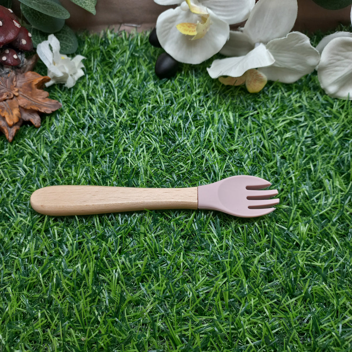 Baby Silicone & Wooden Feeding Spoon and Fork Set – Blush Pink