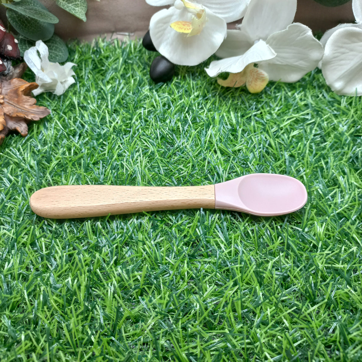 Baby Silicone & Wooden Feeding Spoon and Fork Set – Blush Pink