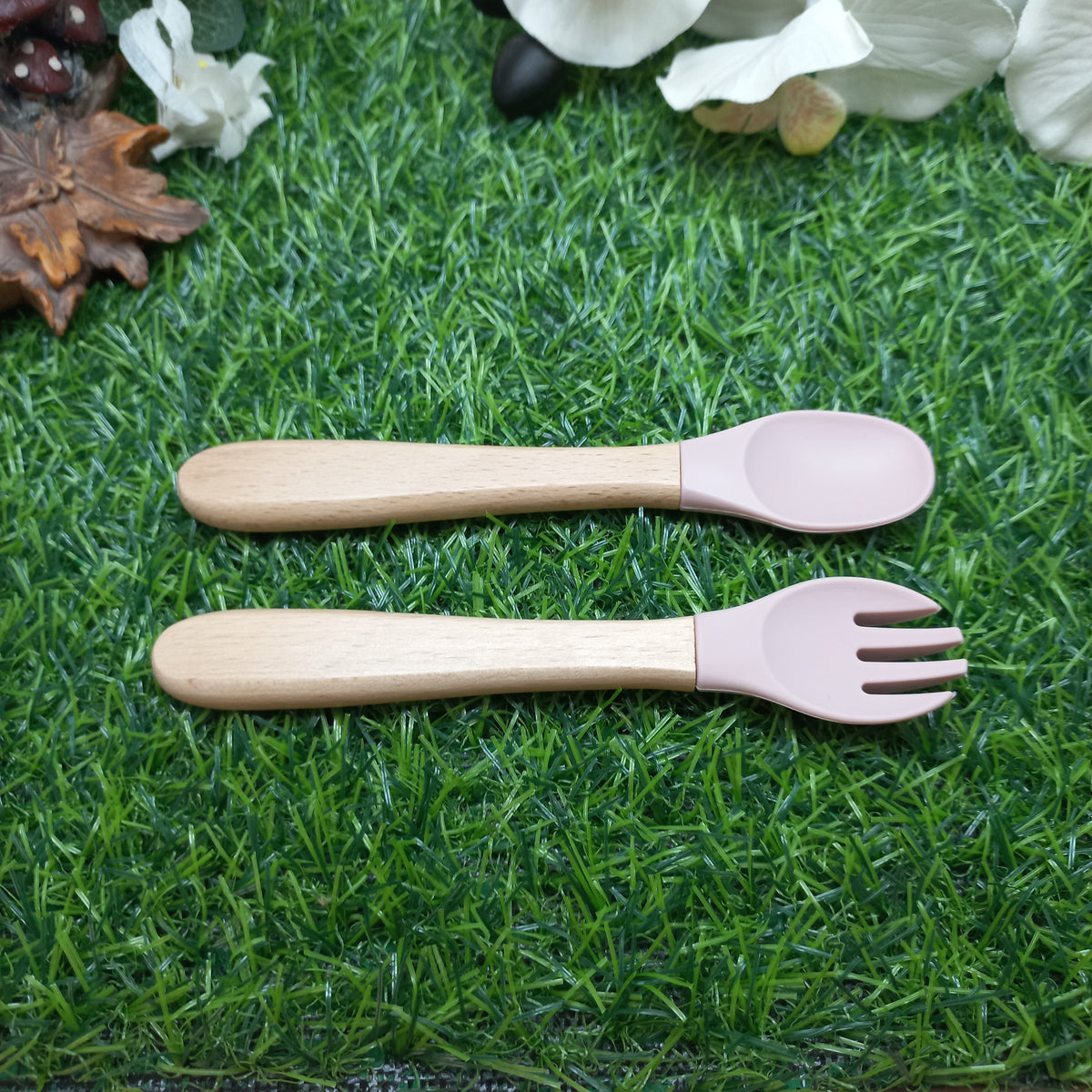 Baby Silicone & Wooden Feeding Spoon and Fork Set – Blush Pink