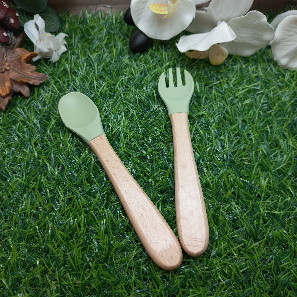 Baby Silicone & Wooden Feeding Spoon and Fork Set – Sage Green