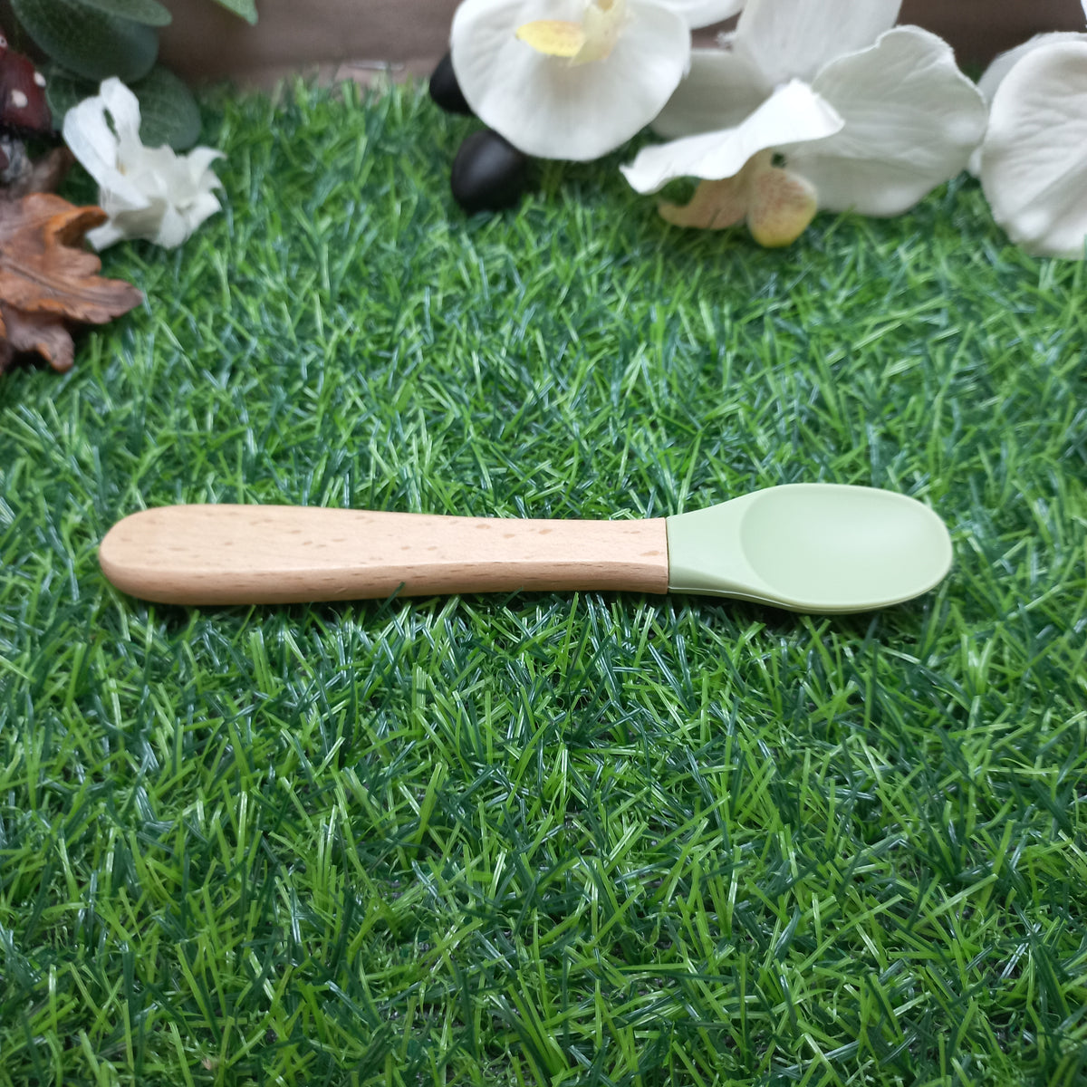 Baby Silicone & Wooden Feeding Spoon and Fork Set – Sage Green