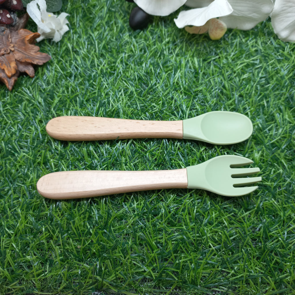 Baby Silicone & Wooden Feeding Spoon and Fork Set – Sage Green