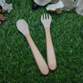Baby Silicone & Wooden Feeding Spoon and Fork Set – Cream