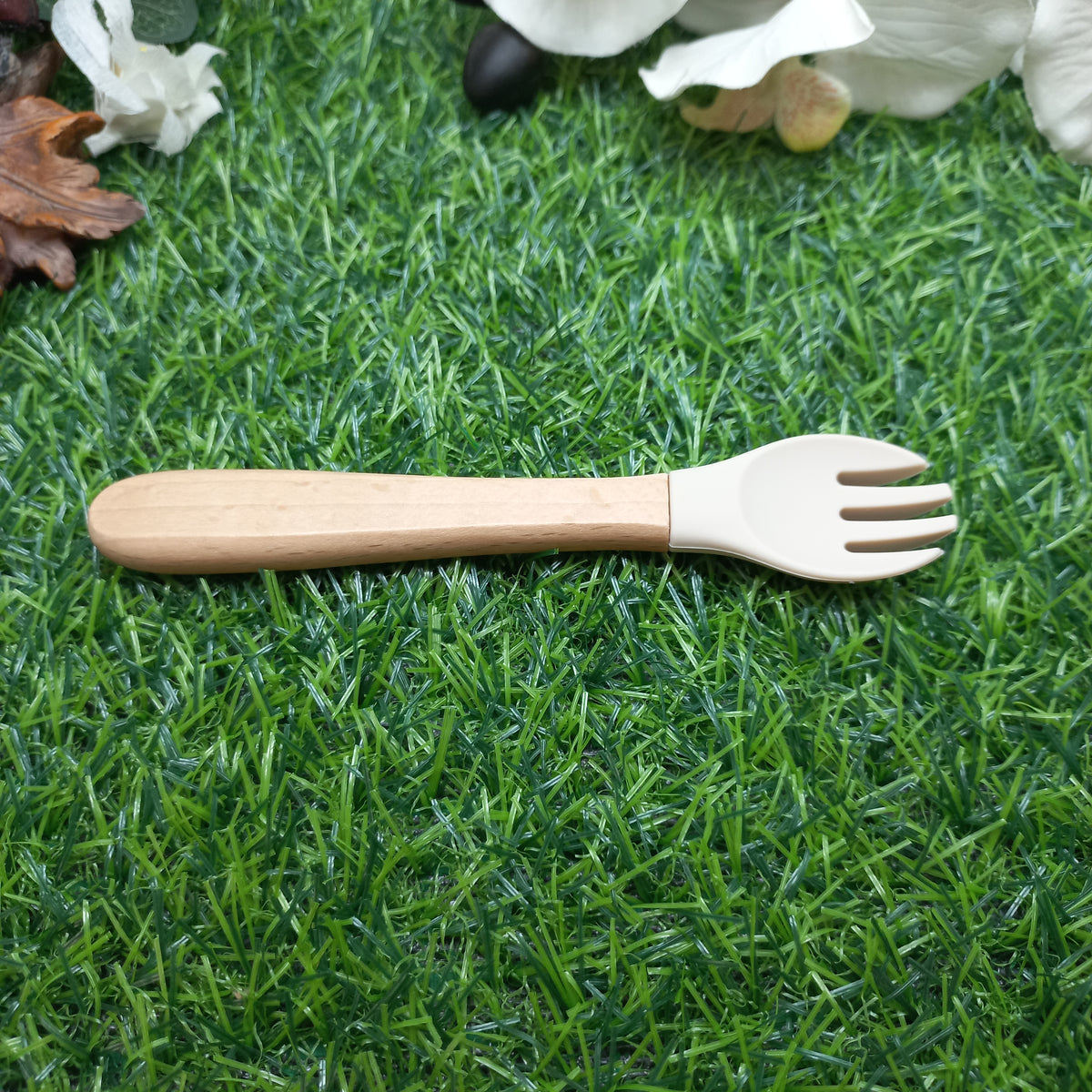 Baby Silicone & Wooden Feeding Spoon and Fork Set – Cream