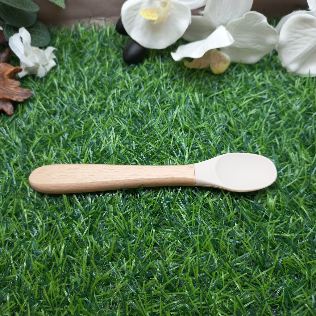 Baby Silicone & Wooden Feeding Spoon and Fork Set – Cream