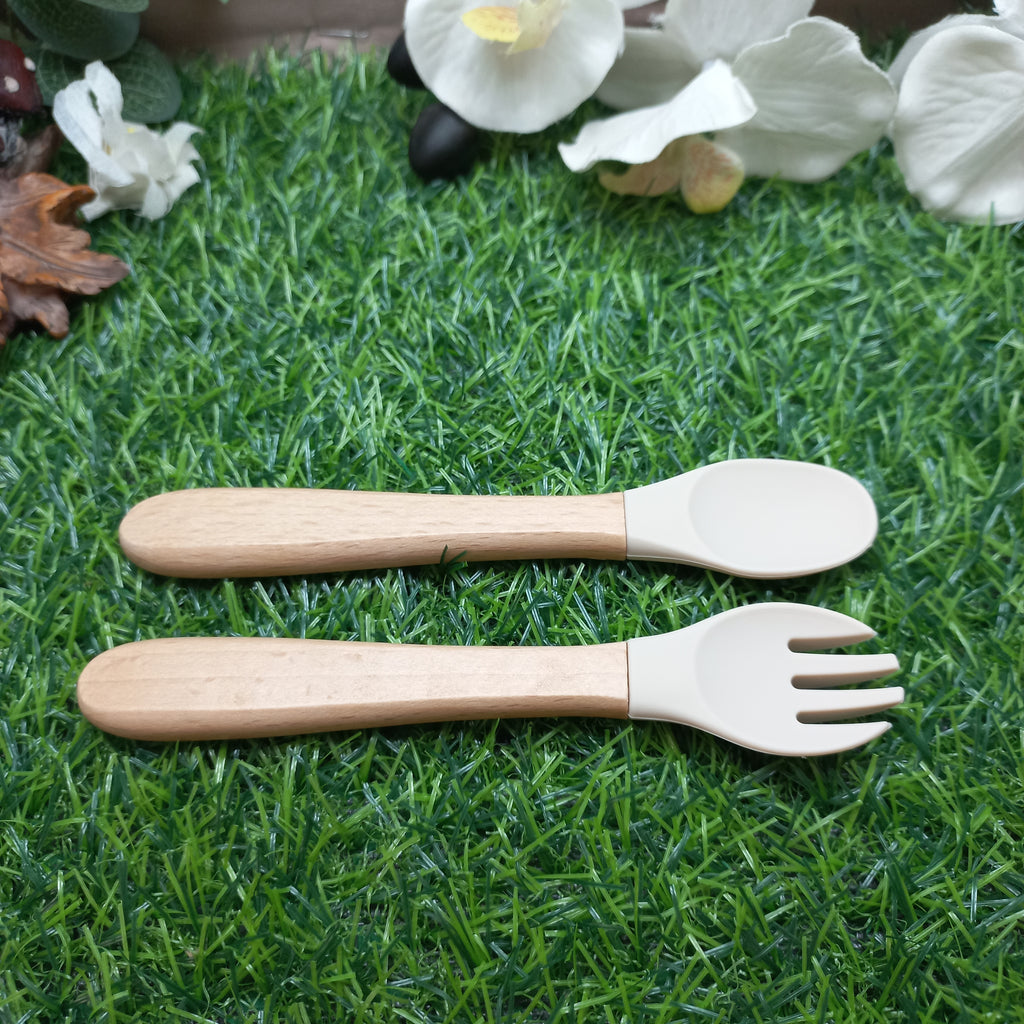 Baby Silicone & Wooden Feeding Spoon and Fork Set – Cream