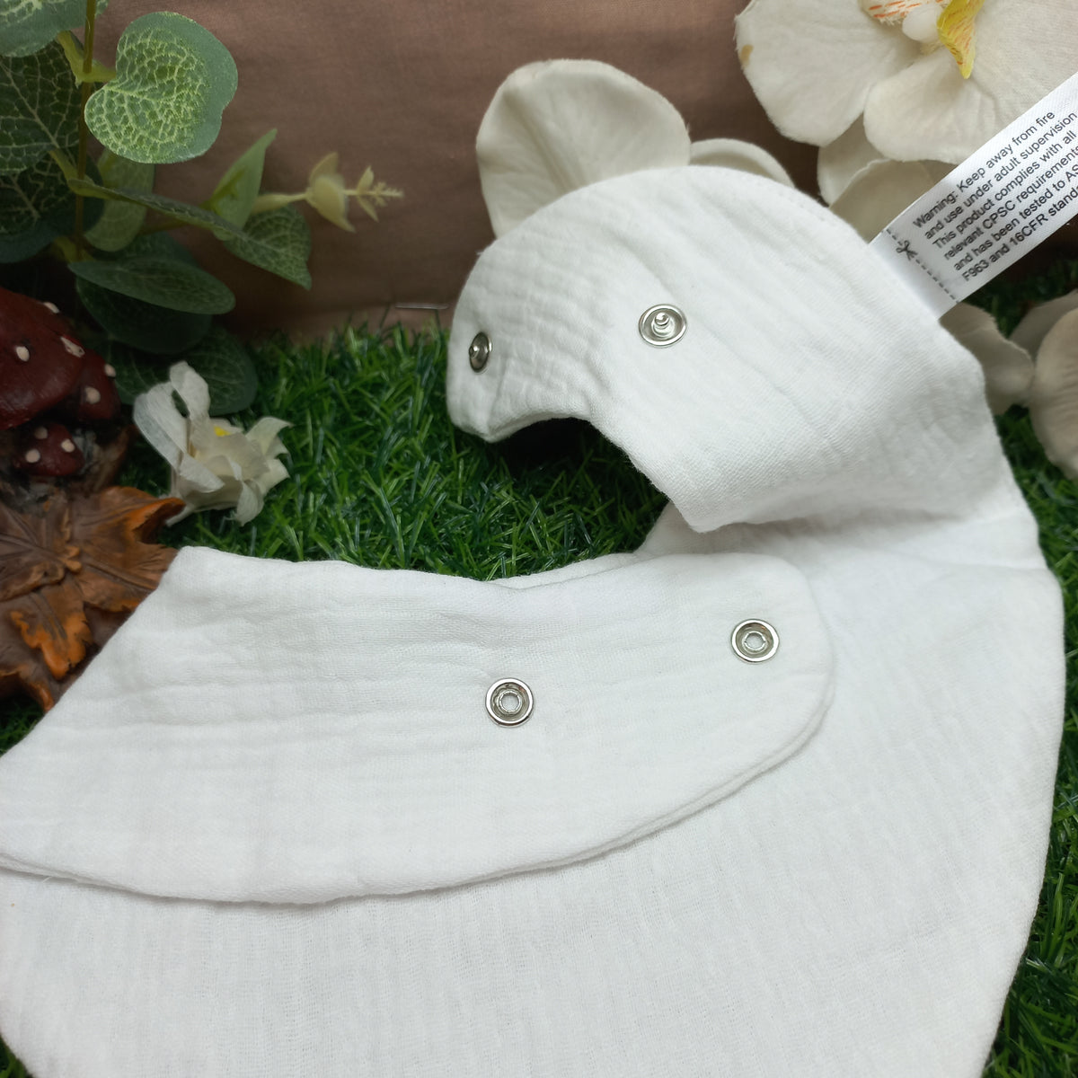Baby Bandana Bib with Snap Closures – White