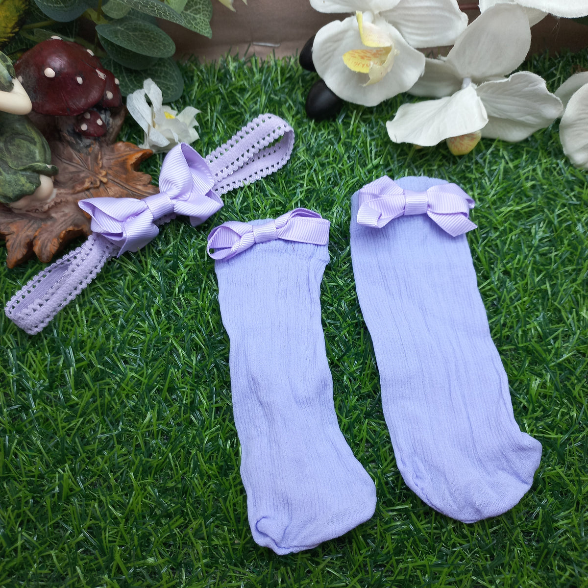 Baby Headband & Bow Stockings Set – Purple